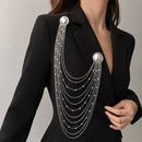 Silver Multi Layer Chain Brooch with Faux Pearls - Elegant Double Round Pin Draped Tassel Brooch, Alloy Statement Jewellery for Suits, Dresses, Blazers and Parties-1