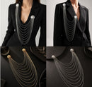 Silver Multi Layer Chain Brooch with Faux Pearls - Elegant Double Round Pin Draped Tassel Brooch, Alloy Statement Jewellery for Suits, Dresses, Blazers and Parties-4