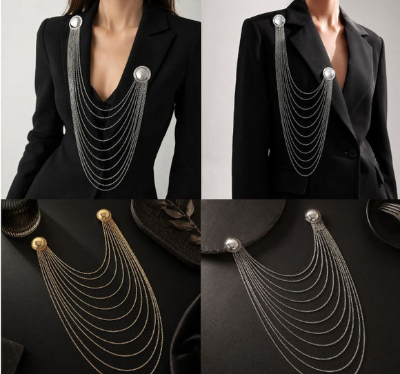 Silver Multi Layer Chain Brooch with Faux Pearls - Elegant Double Round Pin Draped Tassel Brooch, Alloy Statement Jewellery for Suits, Dresses, Blazers and Parties