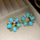 Vintage Turquoise Floral Stud Earrings - Oval Stone Alloy Statement Earrings with Colourful Rhinestone Accents and Silver Posts, Retro Elegant Jewellery for Women-1