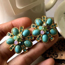 Vintage Turquoise Floral Stud Earrings - Oval Stone Alloy Statement Earrings with Colourful Rhinestone Accents and Silver Posts, Retro Elegant Jewellery for Women-2