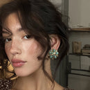 Vintage Turquoise Floral Stud Earrings - Oval Stone Alloy Statement Earrings with Colourful Rhinestone Accents and Silver Posts, Retro Elegant Jewellery for Women-3