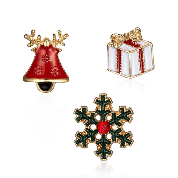 3 Piece Red Green Enamel Christmas Brooch Pins Set - Gold Alloy Festive Lapel Badges with Snowflake, Bell and Gift Box Design, Holiday Jewellery for Suits, Jackets, Bags and Gifts