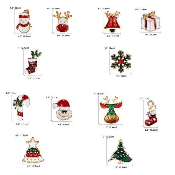 3 Piece Red Green Enamel Christmas Brooch Pins Set - Gold Alloy Festive Lapel Badges with Snowflake, Bell and Gift Box Design, Holiday Jewellery for Suits, Jackets, Bags and Gifts