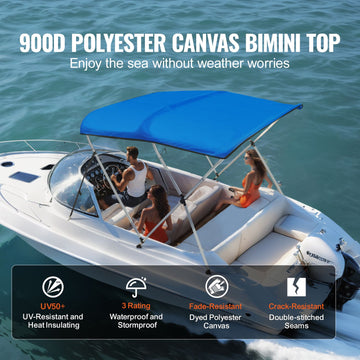 3 Bow Bimini Top Boat Cover, 900D Polyester Canopy with 1" Aluminum Alloy Frame, Waterproof and Sun Shade, Includes Storage Boot, 2 Support Poles, 4 Straps, 6'L x 46"H x 61"-66"W, Pacific Blue - 0