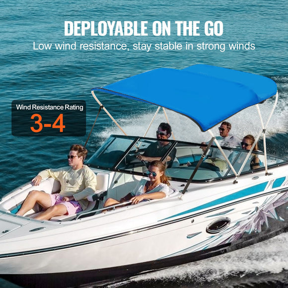 3 Bow Bimini Top Boat Cover, 900D Polyester Canopy with 1" Aluminum Alloy Frame, Waterproof and Sun Shade, Includes Storage Boot, 2 Support Poles, 4 Straps, 6'L x 46"H x 61"-66"W, Pacific Blue