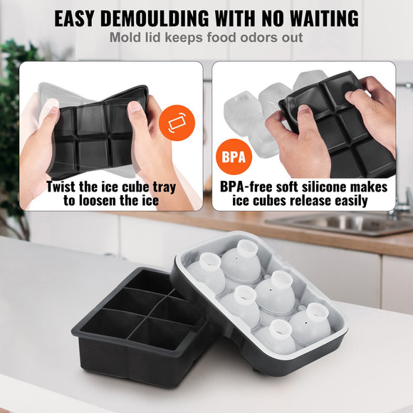 VEVOR Ice Cube Trays (Set of 2), 2-in-1 Combo with Silicone Sphere Ice Ball Maker & Large Square Ice Cube Maker with Lid, Reusable Easy Release BPA Free Ice Tray Set for Whiskey Cocktails Bourbon