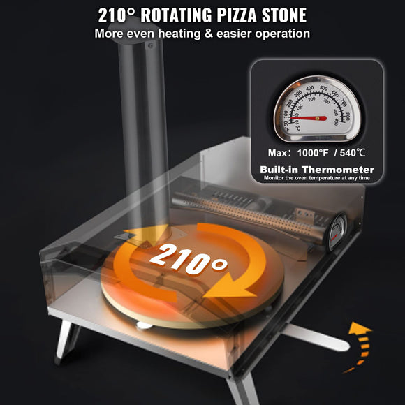 Outdoor Pizza Oven, 12" Wood Fired Pizza Ovens, Pellet Pizza Stove with Built-in Thermometer, with Thickened Cordierite, Rotating Pizza Stone, Carry Bag, Shovel, Portable Pizza Maker for Outside Backyard Patio Camping Black