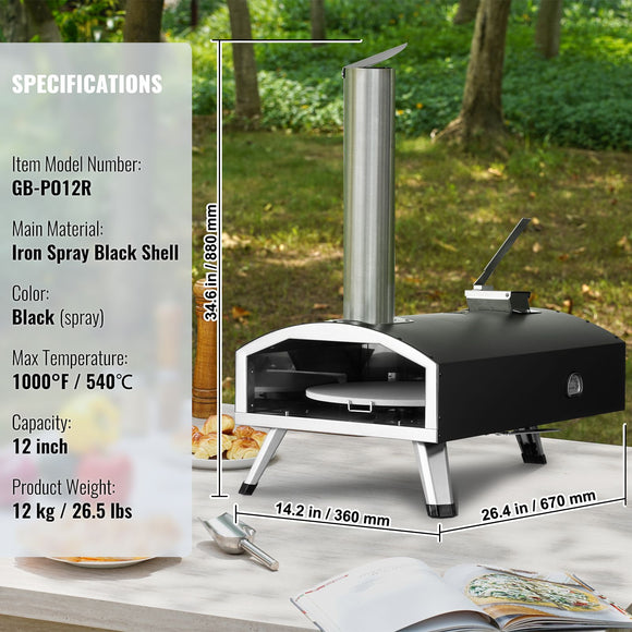 Outdoor Pizza Oven, 12" Wood Fired Pizza Ovens, Pellet Pizza Stove with Built-in Thermometer, with Thickened Cordierite, Rotating Pizza Stone, Carry Bag, Shovel, Portable Pizza Maker for Outside Backyard Patio Camping Black
