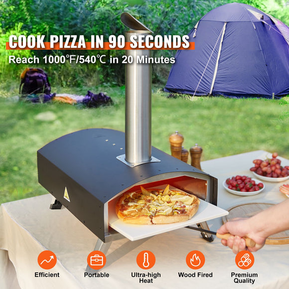 Outdoor Pizza Oven, 12-inch, Wood Pellet and Charcoal Fired Pizza Maker, Portable Outside Stainless Steel Pizza Grill with Pizza Stone, Waterproof Cover, Shovel, Wood Burner for Backyard Camping