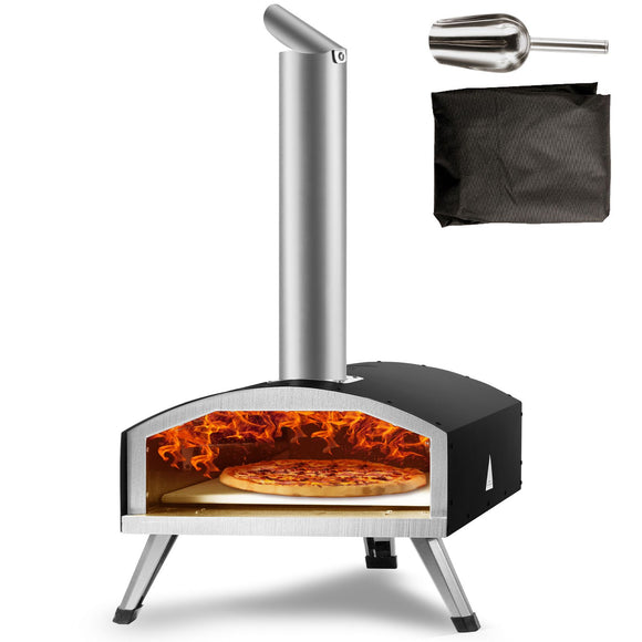 Outdoor Pizza Oven, 12-inch, Wood Pellet and Charcoal Fired Pizza Maker, Portable Outside Stainless Steel Pizza Grill with Pizza Stone, Waterproof Cover, Shovel, Wood Burner for Backyard Camping