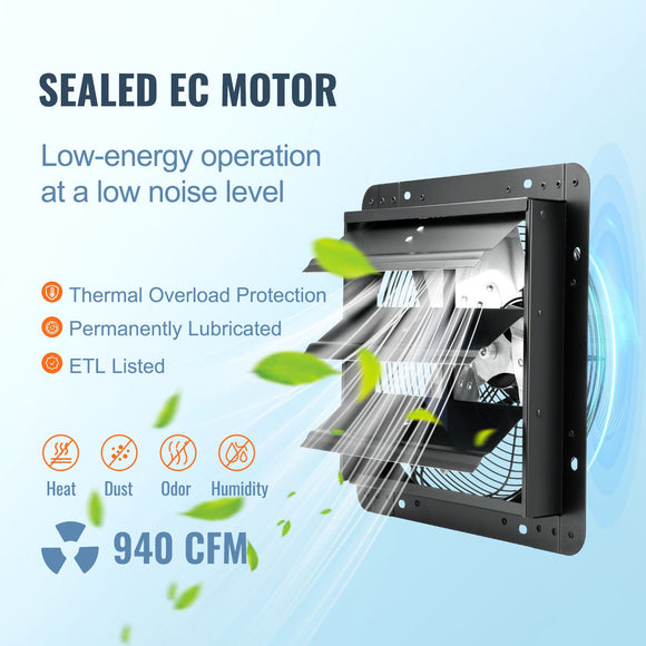 Shutter Exhaust Fan, 305 mm /12 inch with Temperature Humidity Controller, EC-motor, 904 CFM, Variable Speed Adjustable Wall Mount Attic Fan, Ventilation and Cooling for Greenhouses, Garages, Sheds