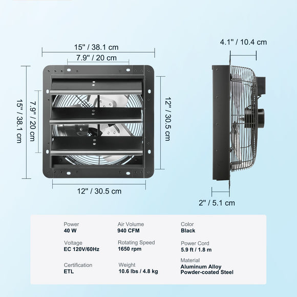 Shutter Exhaust Fan, 305 mm /12 inch with Temperature Humidity Controller, EC-motor, 904 CFM, Variable Speed Adjustable Wall Mount Attic Fan, Ventilation and Cooling for Greenhouses, Garages, Sheds