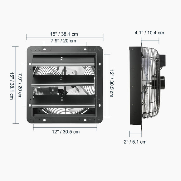 Shutter Exhaust Fan, 305 mm /12 inch with Temperature Humidity Controller, EC-motor, 904 CFM, Variable Speed Adjustable Wall Mount Attic Fan, Ventilation and Cooling for Greenhouses, Garages, Sheds