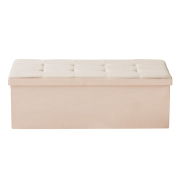 Foldable Storage Ottoman Bench, End of Bed Bench with Side Bags, Folding Upholstered Storage Chest Supports 660 lbs, Linen Bed Ottoman with Large Space for Living Room, Bedroom, Entryway, Beige