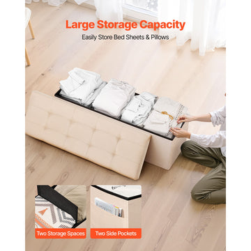Foldable Storage Ottoman Bench, End of Bed Bench with Side Bags, Folding Upholstered Storage Chest Supports 660 lbs, Linen Bed Ottoman with Large Space for Living Room, Bedroom, Entryway, Beige - 0