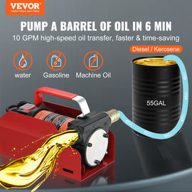 VEVOR Fuel Transfer Pump, 12V DC, 10 GPM, 8 m Lift, Portable Electric Diesel Transfer Extractor Pump Kit with Automatic Shut-off Nozzle, Delivery & Suction Hose for Diesel, Kerosene, Transformer Oil - 0