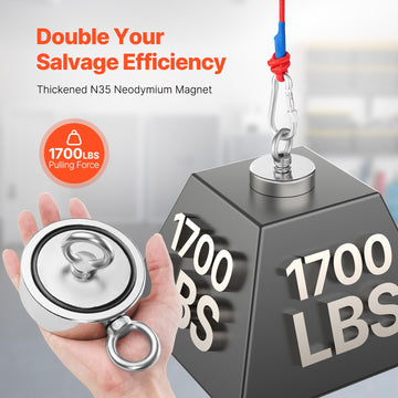 VEVOR 771 Kg Strong Fishing Magnet Kit Double Sided Pull Force Rope Carabiner - 0