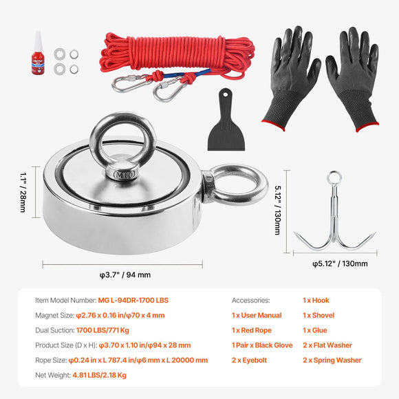 VEVOR 771 Kg Strong Fishing Magnet Kit Double Sided Pull Force Rope Carabiner