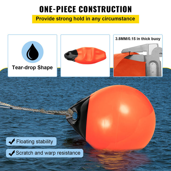 Boat Buoy Balls, 15\" Diameter Inflatable Heavy-Duty Marine-Grade PVC Marker Buoys, Round Boat Mooring Buoys, Anchoring, Rafting, Marking, Fishing, Orange