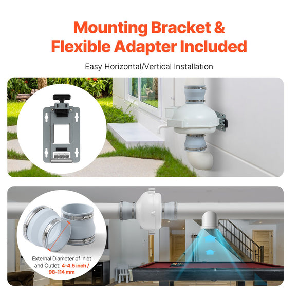 VEVOR 4" to 4.5" Radon Mitigation Fan System Kit Quiet 260 CFM Inline Duct Fan