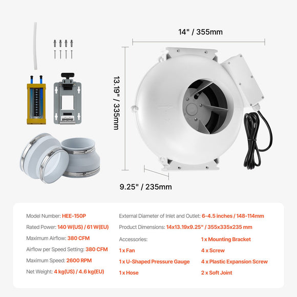 6" to 4.5" Radon Mitigation Fan System Kit Quiet 380 CFM Inline Duct Fan