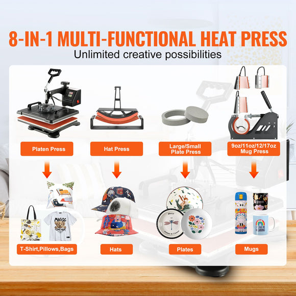 1400W Heat Press Machine 8 In 1 Sublimation Steel Frame Heat Presses with Temperature And Time Control (12X15INCH 8IN1)