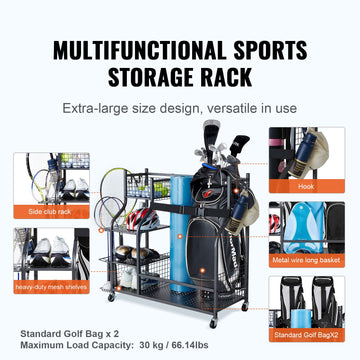 Golf Storage Garage Organizer, 2 Golf Bag Stand Holder and Other Sports Equipment Storage Rack, Rolling Ball Cart on Wheels, Outdoor Sport Gear and Toy Storage with Baskets & Hooks, Steel, Black - 0