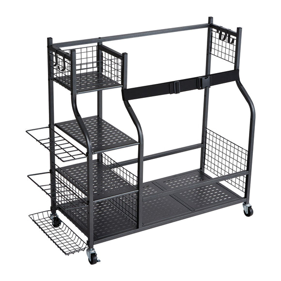 Golf Storage Garage Organizer, 2 Golf Bag Stand Holder and Other Sports Equipment Storage Rack, Rolling Ball Cart on Wheels, Outdoor Sport Gear and Toy Storage with Baskets & Hooks, Steel, Black