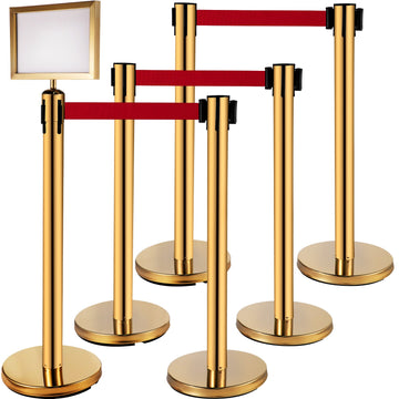 VEVOR Stanchion Post Barriers 6-Set Line Dividers, Stainless Steel Stanchions with 6.6 Red Retractable Belts, Stanchions with One Sign Frame, 34.6 Queue Safety Stanchions (Gold)
