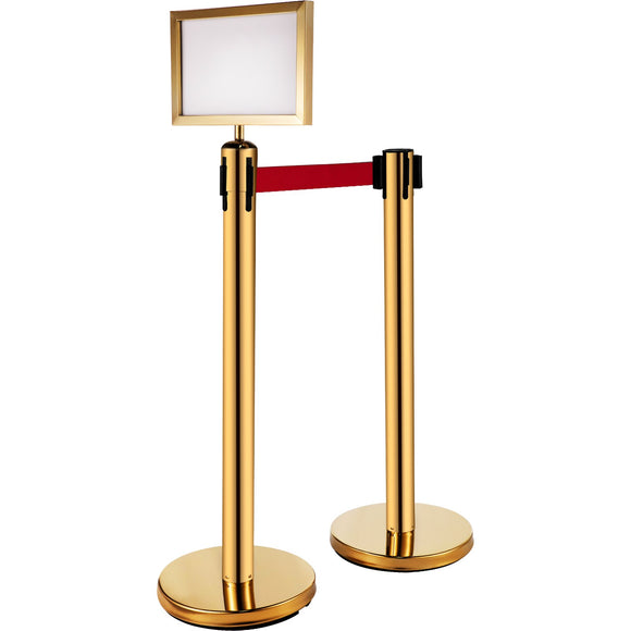 VEVOR Stanchion Post Barriers 6-Set Line Dividers, Stainless Steel Stanchions with 6.6 Red Retractable Belts, Stanchions with One Sign Frame, 34.6 Queue Safety Stanchions (Gold)