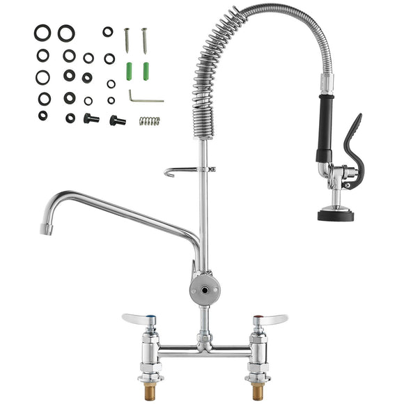 Commercial Faucet with Pre-Rinse Sprayer, 26" Height, 8" Center, 12" Swing Spout, Deck Mount Kitchen Sink Faucet, Brass Constructed Device with Pull Down Spray, for 1/2/3 Compartment Sink