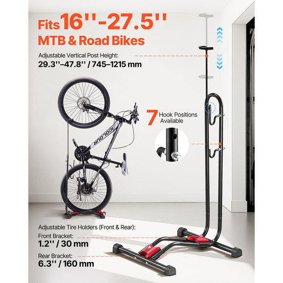 Bike Rack, Upright Bike Stand Floor for 406.4 to 700 mm Mountain & Road Bikes, Vertical & Horizontal Bicycle Stand for Secure Parking and Storage in Garage, Truck Bed, Indoor, Outdoor, Black
