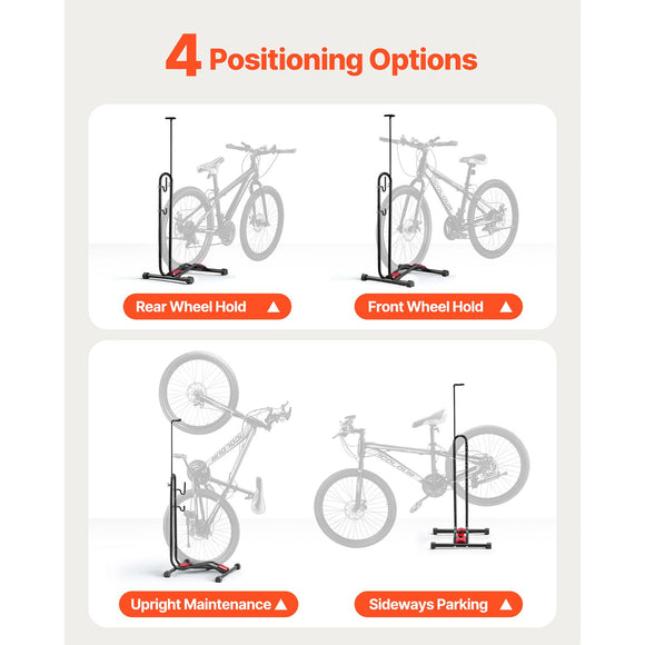 Bike Rack, Upright Bike Stand Floor for 406.4 to 700 mm Mountain & Road Bikes, Vertical & Horizontal Bicycle Stand for Secure Parking and Storage in Garage, Truck Bed, Indoor, Outdoor, Black