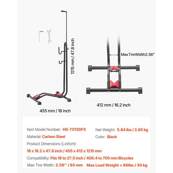 Bike Rack, Upright Bike Stand Floor for 406.4 to 700 mm Mountain & Road Bikes, Vertical & Horizontal Bicycle Stand for Secure Parking and Storage in Garage, Truck Bed, Indoor, Outdoor, Black