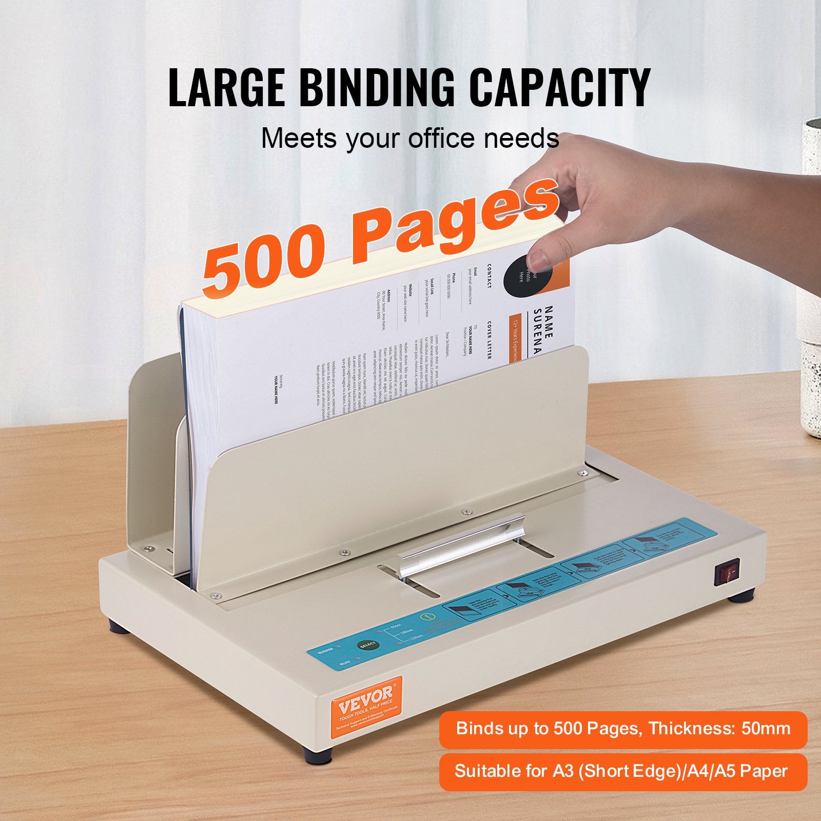 VEVOR Thermal Binding Machine, 500 Sheets Capacity Book Binding Machine, Thermal Book Binder 50mm Binding Thickness A3(Short Edge)/A4/A5 Document, with Infrared Optical Detection