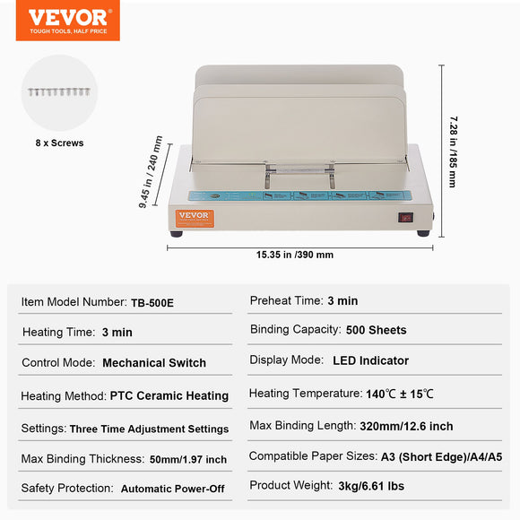 VEVOR Thermal Binding Machine, 500 Sheets Capacity Book Binding Machine, Thermal Book Binder 50mm Binding Thickness A3(Short Edge)/A4/A5 Document, with Infrared Optical Detection