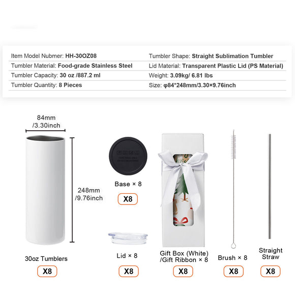 8 Pack Straight Sublimation Tumblers, 30 oz Blank Tumbler Bulk, Stainless Steel Double Wall Tumbler Cups with Straw, Lid, Brush, Base, Shrink Wrap, Gift Box, for Heat Press and Heat Transfer