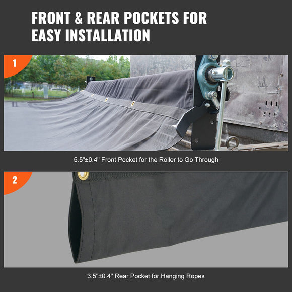 Dump Truck Mesh Tarp, 5 x 14 ft, PVC Coated Black Heavy Duty Cover with 5.5" 18oz Double Pocket, Brass Grommets, Reinforced Double Needle Stitch Webbing Fits Manual or Electric Dump Truck System