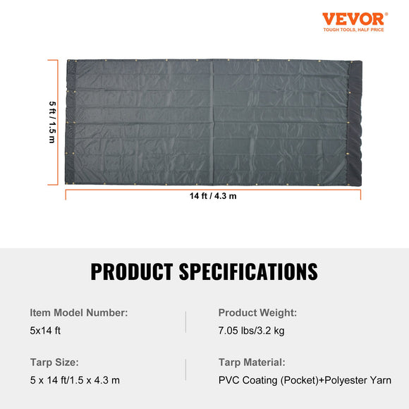 VEVOR Dump Truck Mesh Tarp, 5 x 14 ft, PVC Coated Black Heavy Duty Cover with 5.5" 18oz Double Pocket, Brass Grommets, Reinforced Double Needle Stitch Webbing Fits Manual or Electric Dump Truck System