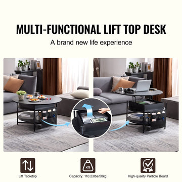 Lift Top Coffee Table 35.3" Round Coffee Table for Living Room Black - 0
