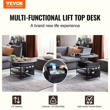 VEVOR Lift Top Coffee Table 35.3" Round Coffee Table for Living Room Black - 0
