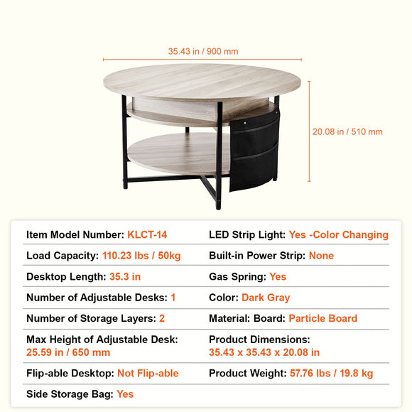 Lift Top Coffee Table 35.3" Round Coffee Table for Living Room White