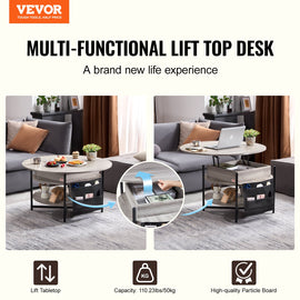 VEVOR Lift Top Coffee Table 35.3" Round Coffee Table for Living Room White - 0