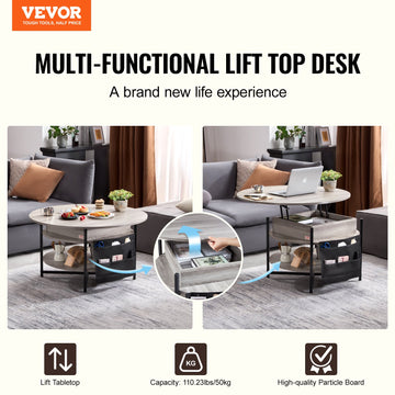 VEVOR Lift Top Coffee Table 35.3" Round Coffee Table for Living Room White - 0