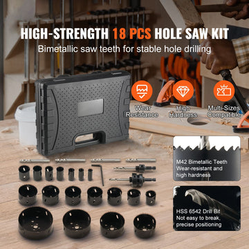 Hole Saw Kit, 18 PCS Saw Blades, 6 Drill Bits, 1 Hex Wrench, Bi Metal M42 Hole Saw Set with Carrying Case, General Purpose Size from 3/4" to 4-1/2", Ideal for Wood Board, Iron and Plastic Plate - 0