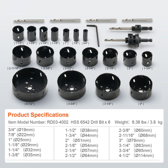 Hole Saw Kit, 18 PCS Saw Blades, 6 Drill Bits, 1 Hex Wrench, Bi Metal M42 Hole Saw Set with Carrying Case, General Purpose Size from 3/4" to 4-1/2", Ideal for Wood Board, Iron and Plastic Plate