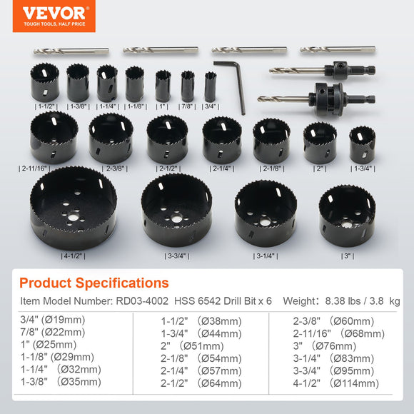 VEVOR Hole Saw Kit, 18 PCS Saw Blades, 6 Drill Bits, 1 Hex Wrench, Bi Metal M42 Hole Saw Set with Carrying Case, General Purpose Size from 3/4" to 4-1/2", Ideal for Wood Board, Iron and Plastic Plate