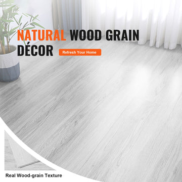 Interlocking Vinyl Floor Tiles 48 x 7.3 inch, 10 Tiles 5.5mm Thick Snap Together, Light Gray Wood Grain DIY Flooring for Kitchen, Dining Room, Bedrooms & Bathrooms, Easy for Home Decor - 0