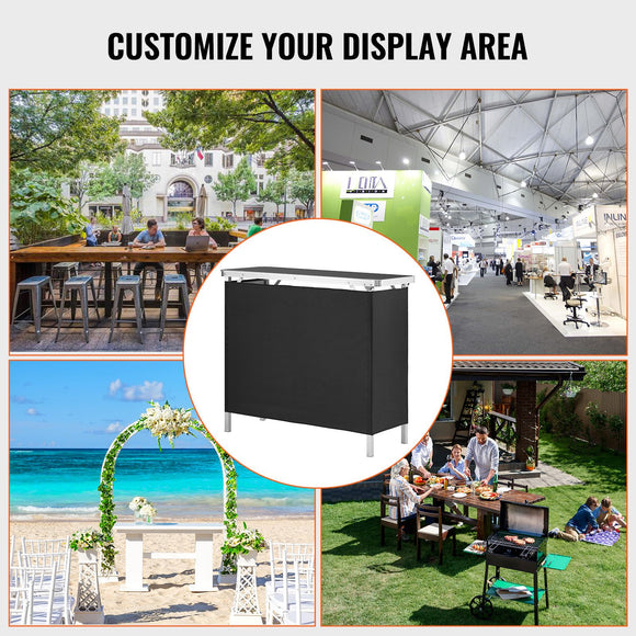 Folding Portable Bar Table, Tradeshow Podium Table for Indoor, Outdoor, Party, Picnic, Exhibition, Includes Carrying Case, Storage Shelf and Black Skirt, 38.39" x 15.16" x 34.25“